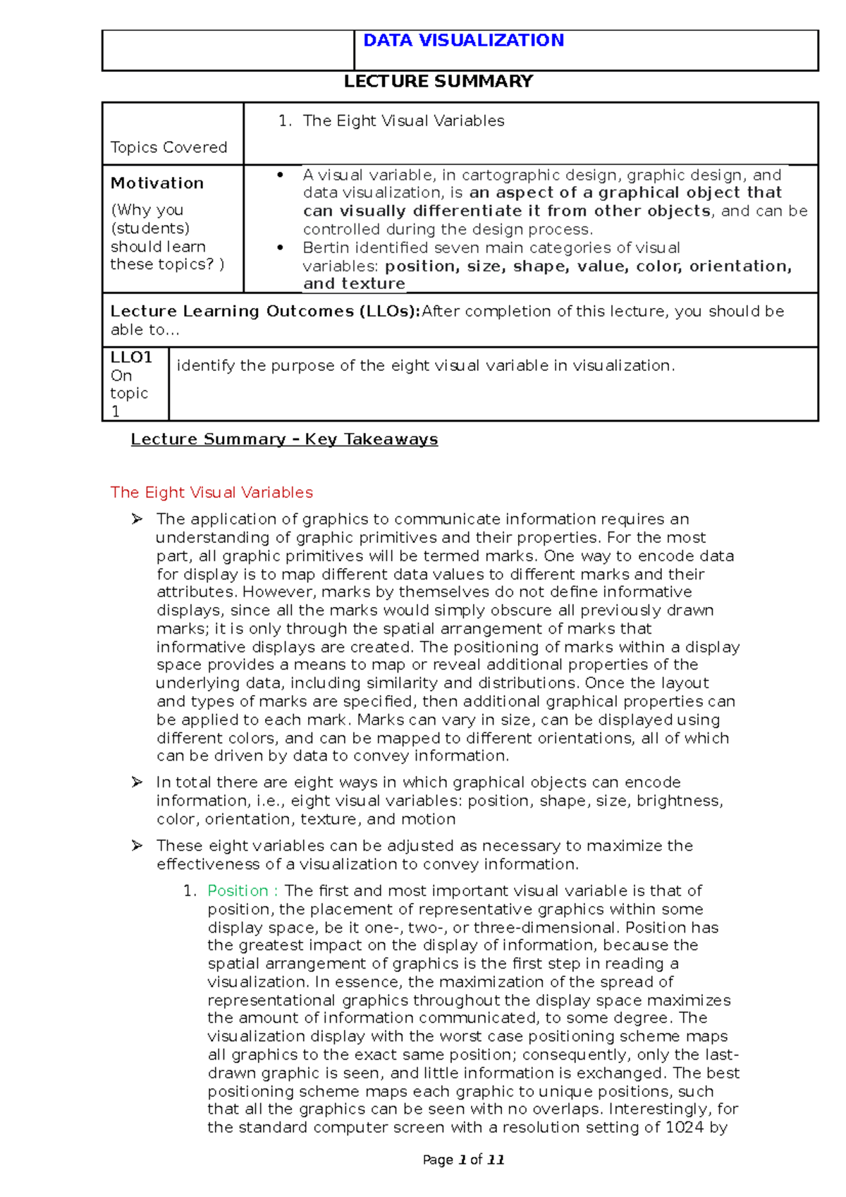 The Eight Visual Variables - LECTURE SUMMARY Topics Covered The Eight ...