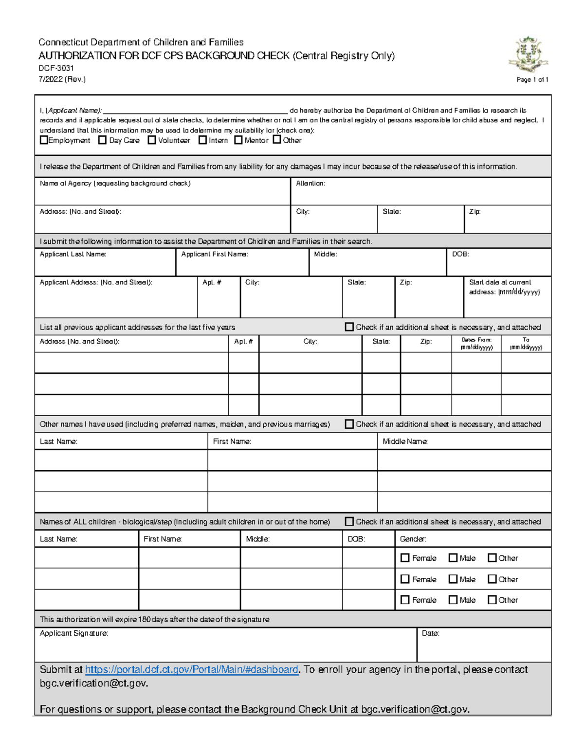 DCF 3031 Authorization for DCF CPS BGC CR only Rev 7 2022 - Connecticut ...