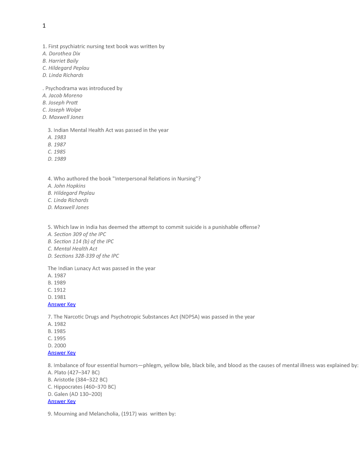 Psychiatric Mcqs 18 - Practice Mcqs - 1 First Psychiatric Nursing Text ...