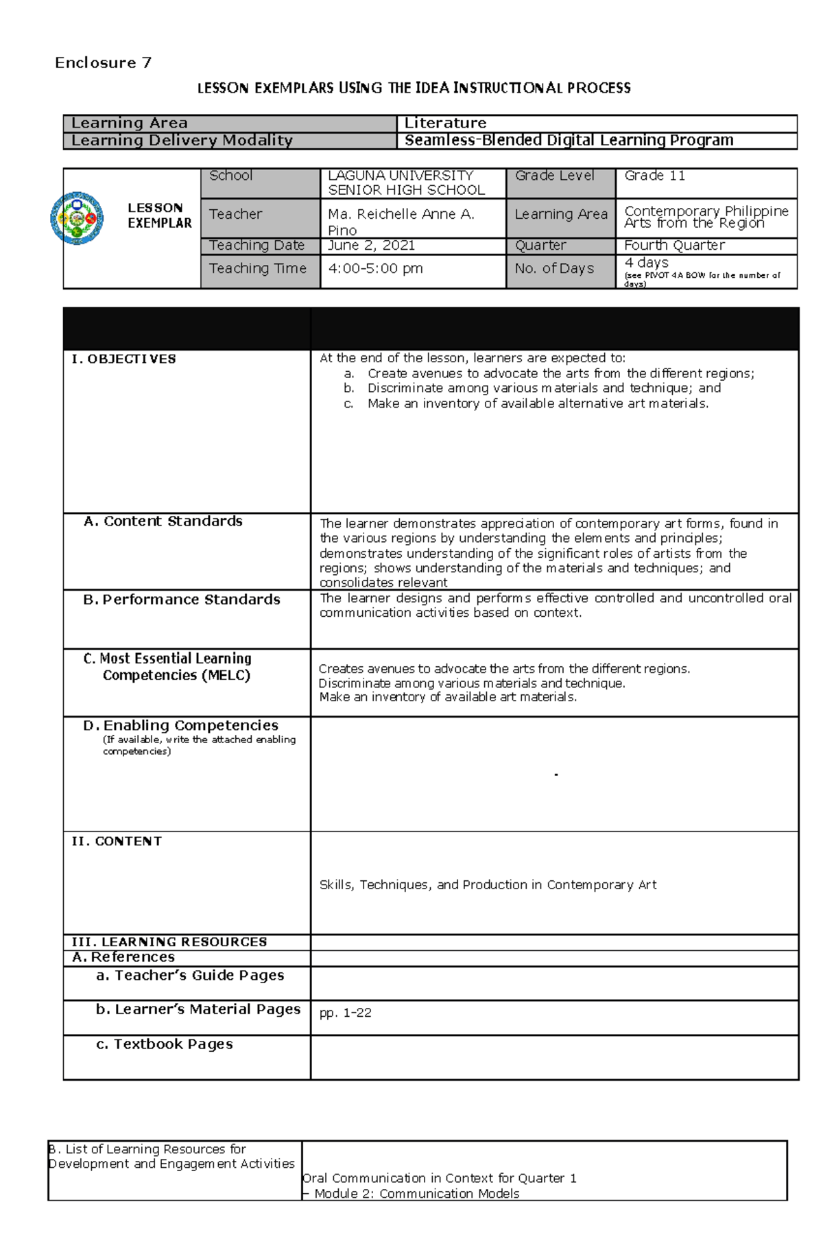 CPAR-Lesson-Exemplar-Ma. Reichelle Anne A. Pino - Enclosure 7 LE SSO N ...