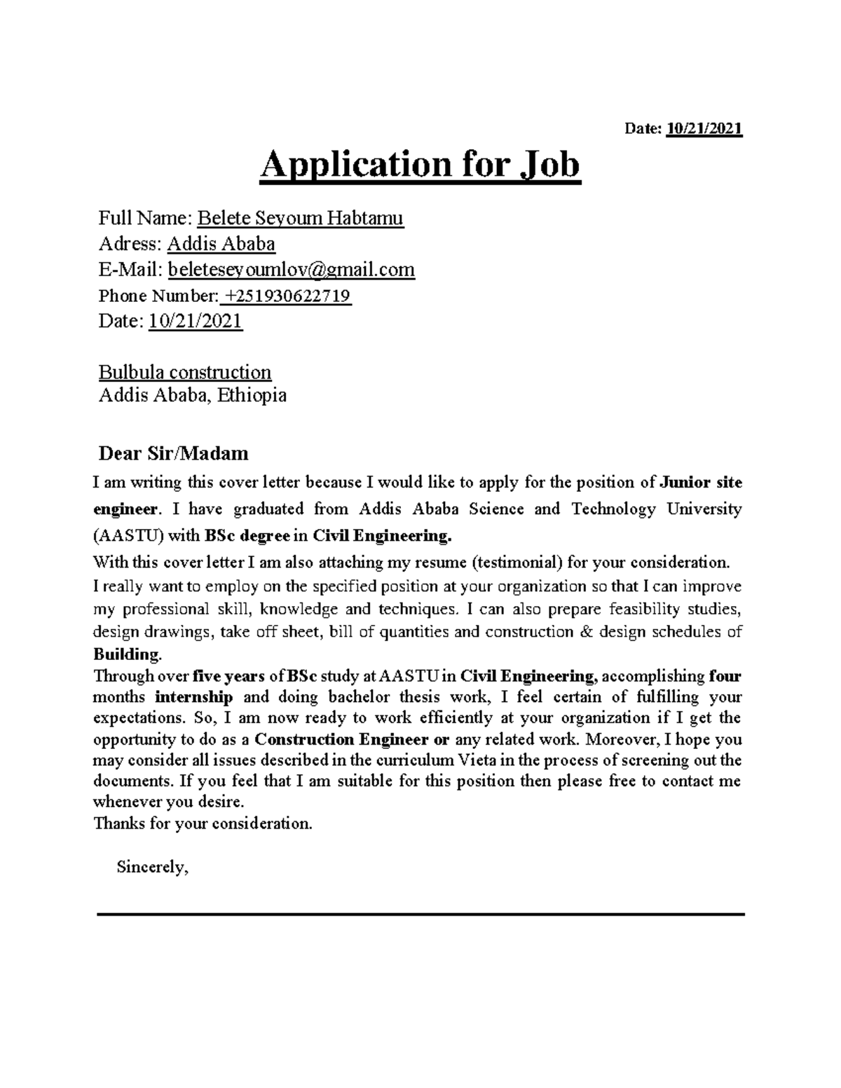 Application letter - Mining, engineering - Studocu