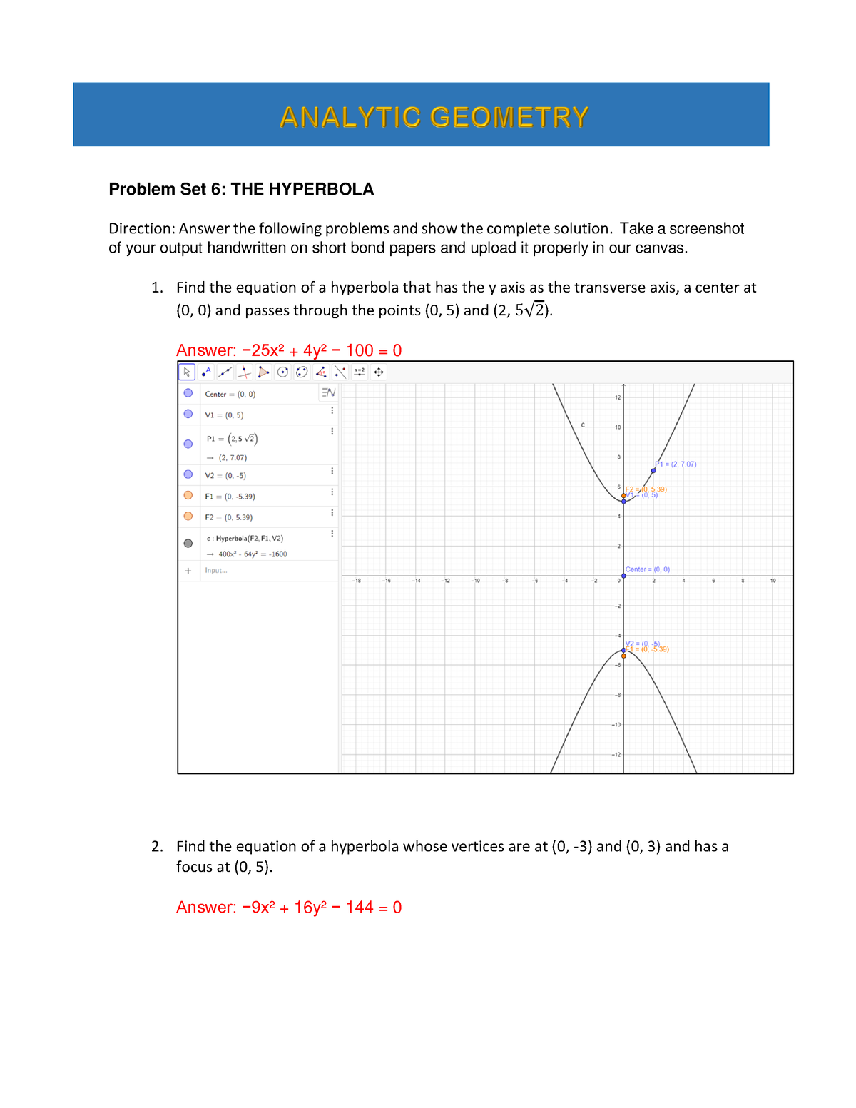 Problem Set 6-The Hyperbola - Problem Set 6: THE HYPERBOLA Direction ...