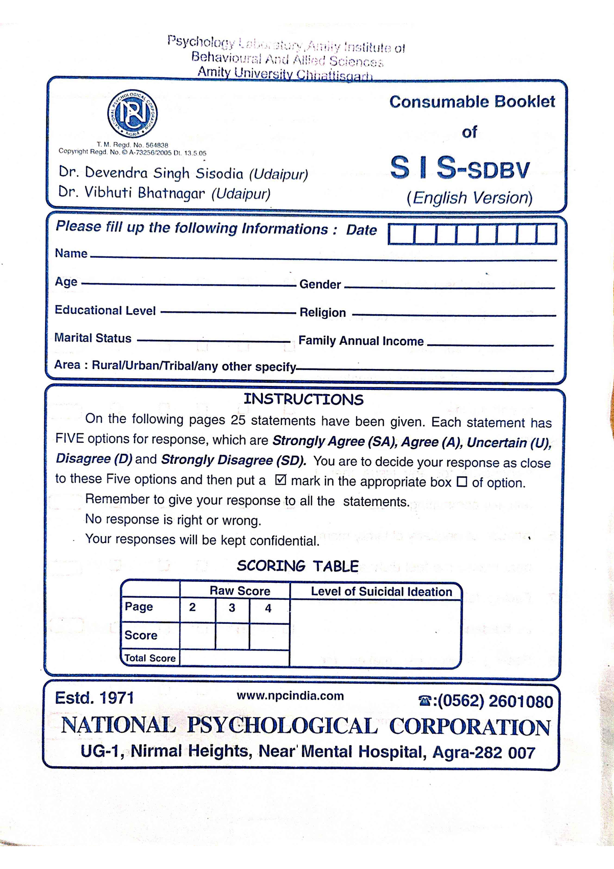 Suicidal Ideation Scale - Applied Psychology - Studocu