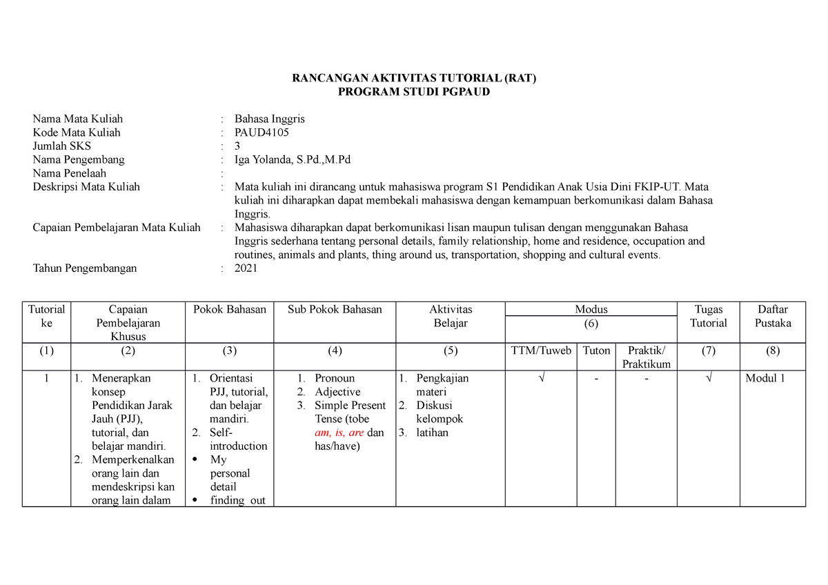 RAT-SAT PAUD4105 - RANCANGAN AKTIVITAS TUTORIAL (RAT) PROGRAM STUDI ...