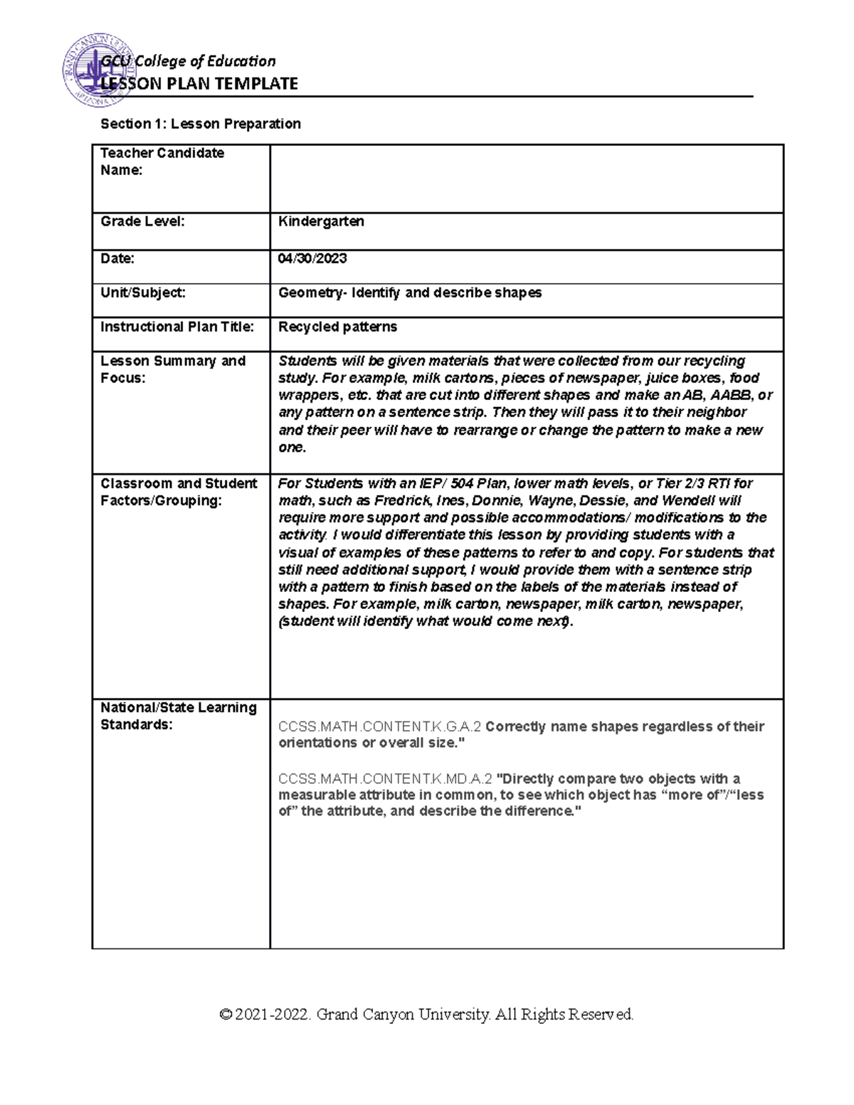 Coe lesson plan template - LESSON PLAN TEMPLATE Section 1: Lesson ...