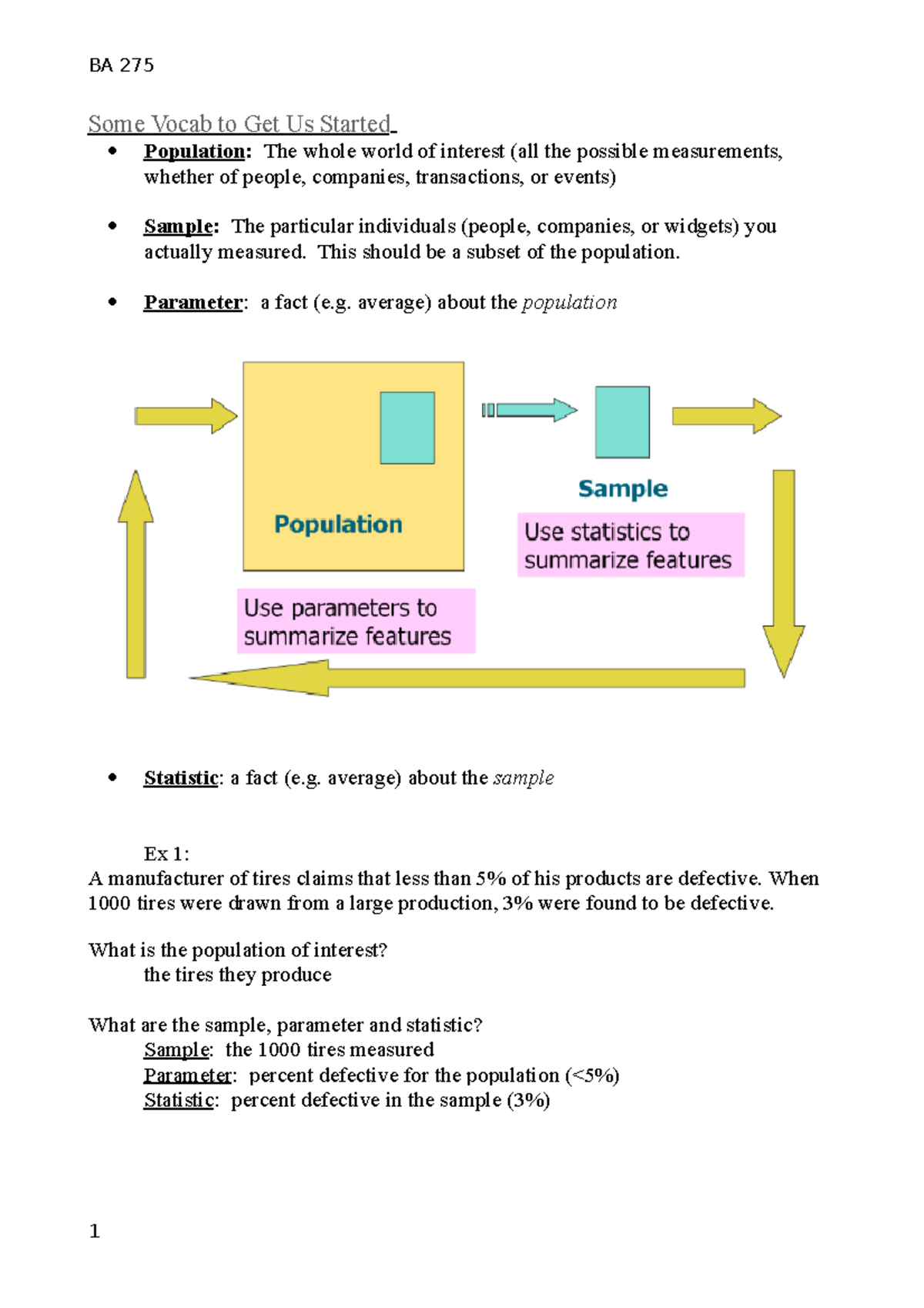 BA275 Day1 - Day 1 Notes - Some Vocab To Get Us Started Population: The ...