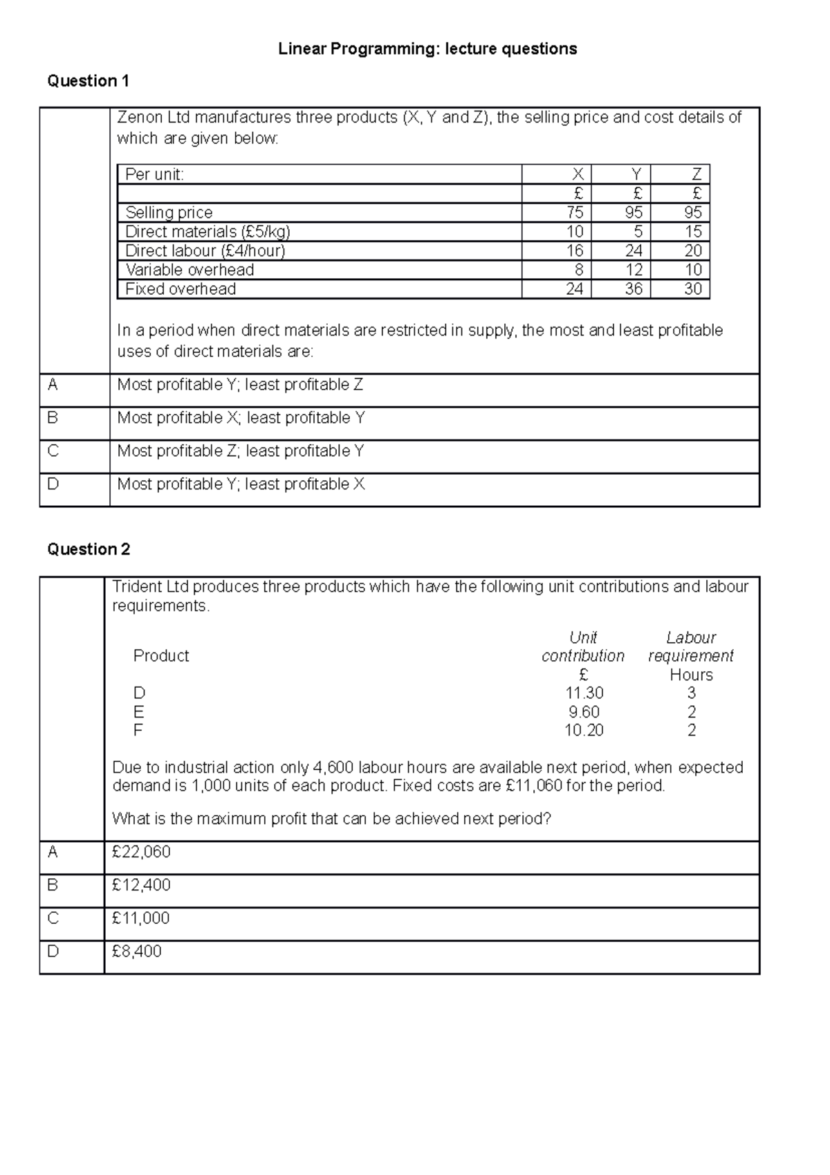 Linear Programming - five lecture questions - Linear Programming ...