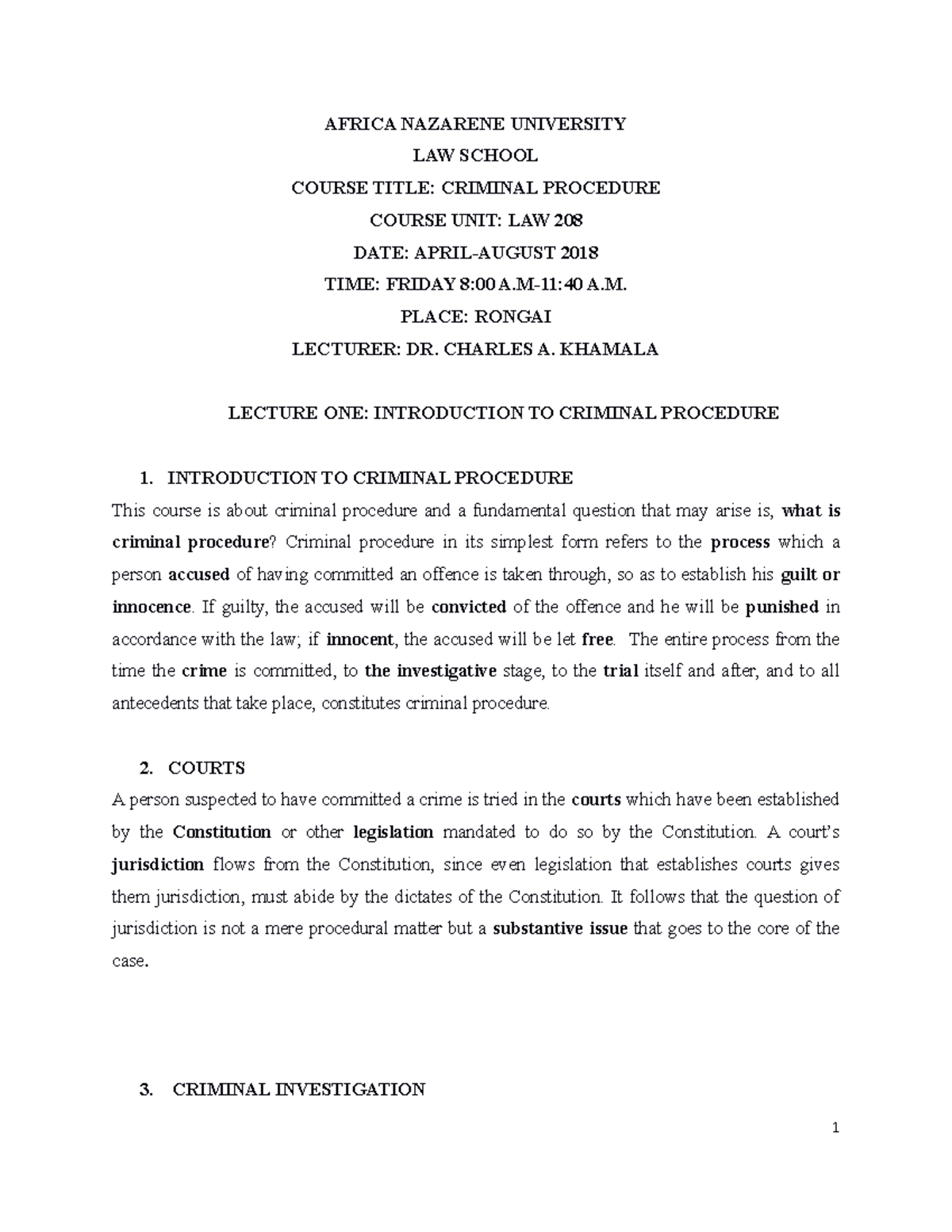 Classnotes Lecture 1 Introduction To Criminal Procedure Criminal