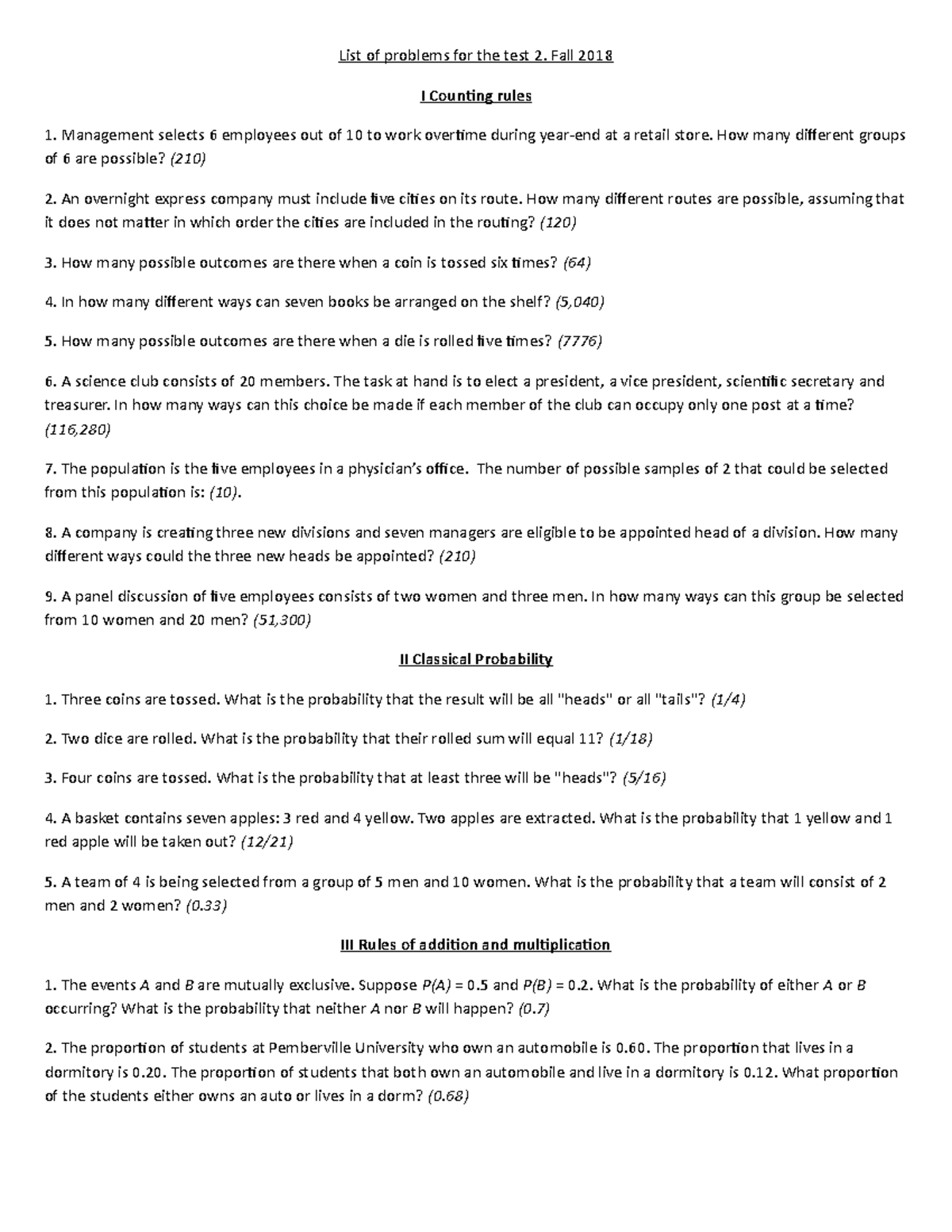 List of problems for the test 2 Fall 2018 I Counting rules Management