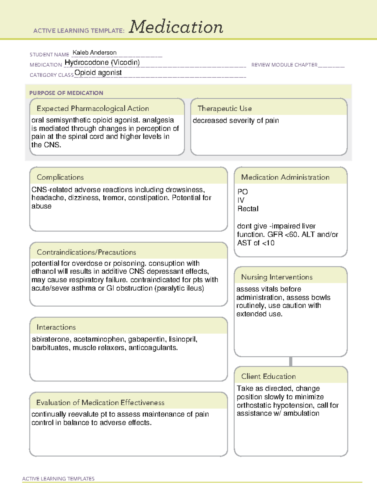 ATI Medication Hydrocodone (Vicodin) - ACTIVE LEARNING TEMPLATES ...