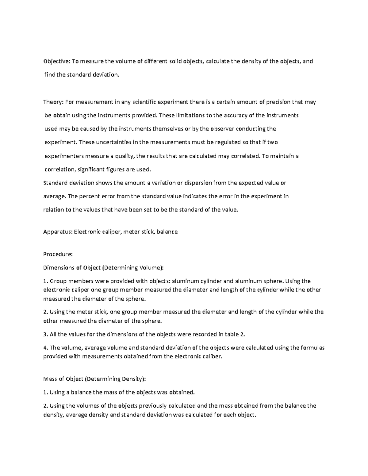 Physics Lab 1 Measurements - Objective: To measure the volume of ...