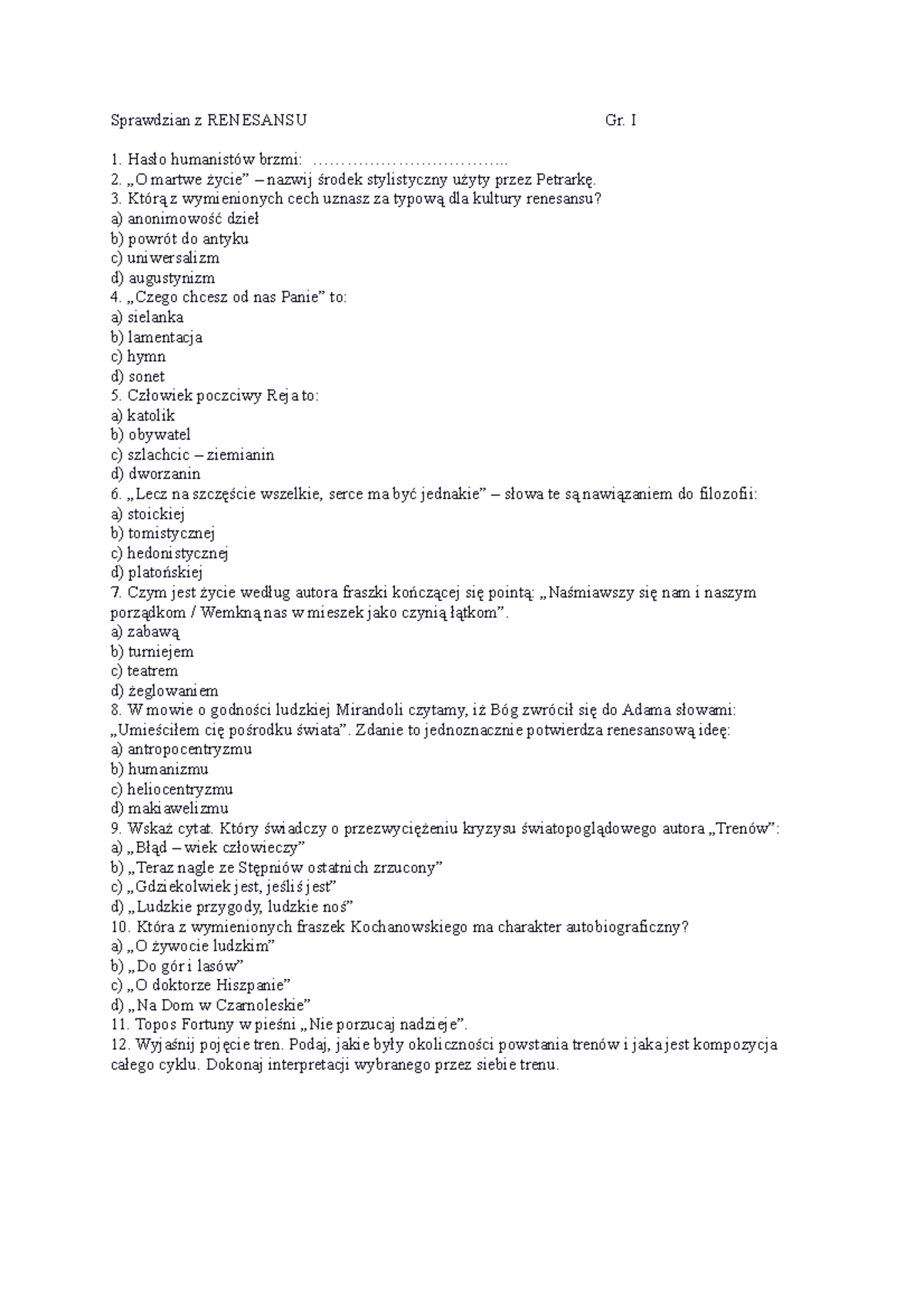 Sprawdzian Z Renesansu 1 Technikum www.studocu.com