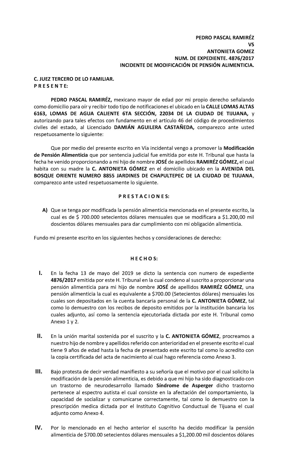 Incidente De Modificación De Pensión Alimenticia Pedro Pascal RamirÉz Vs Antonieta Gomez Num 5786