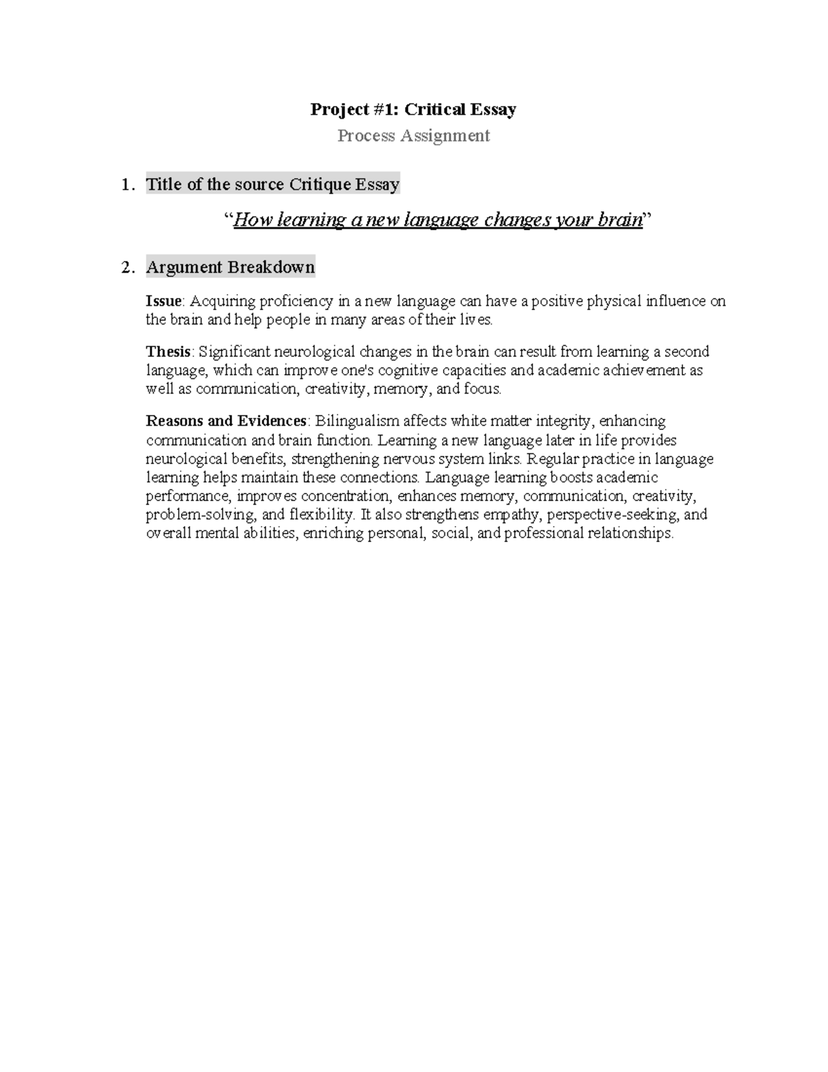 (Project 1) Critical Essay Process Assignment - Title of the source ...