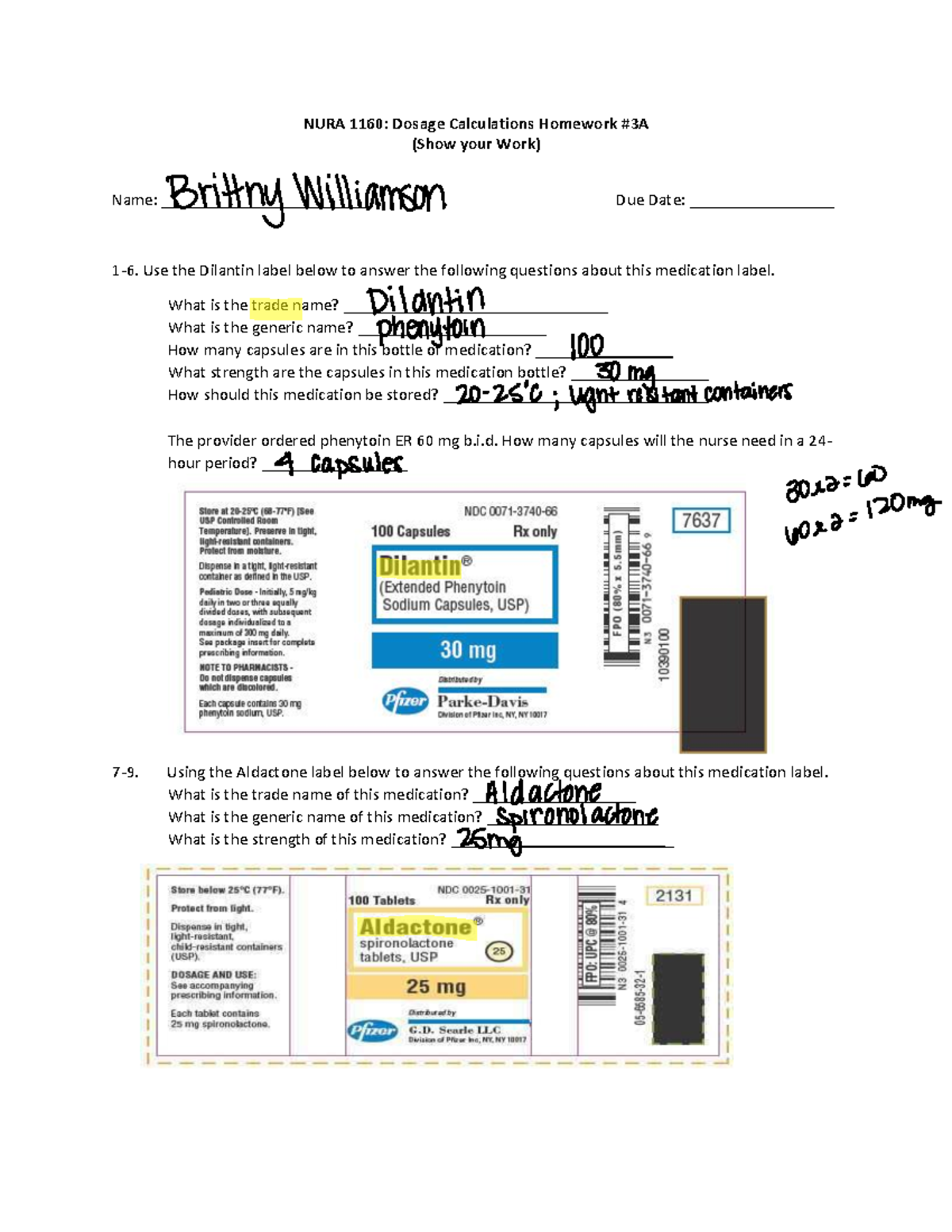 HW #3A. l - HOMEWORK - NURA 1160: Dosage Calculations Homework #3A ...