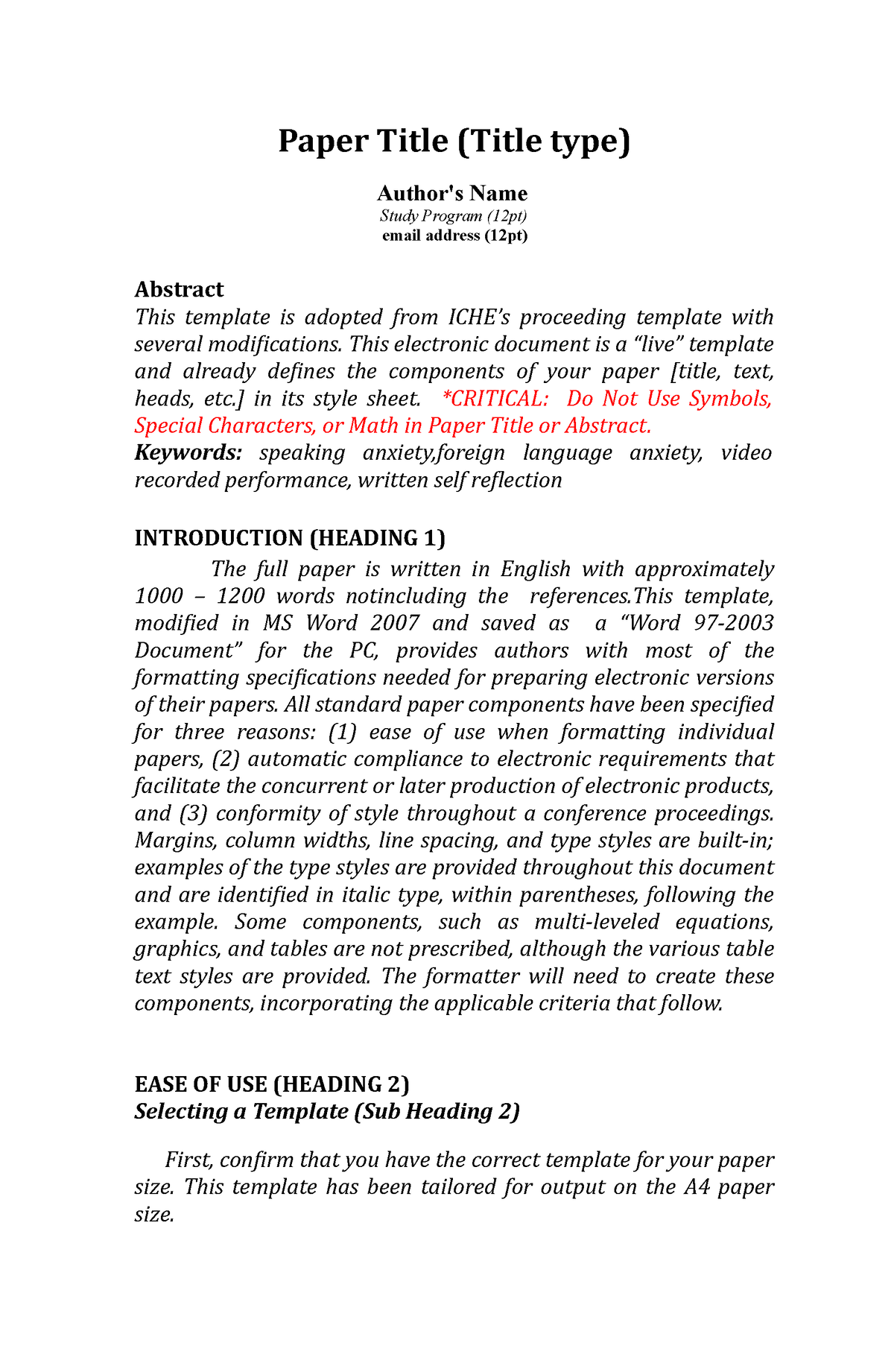 Template for Final Paper - Paper Title (Title type) Author's Name Study ...