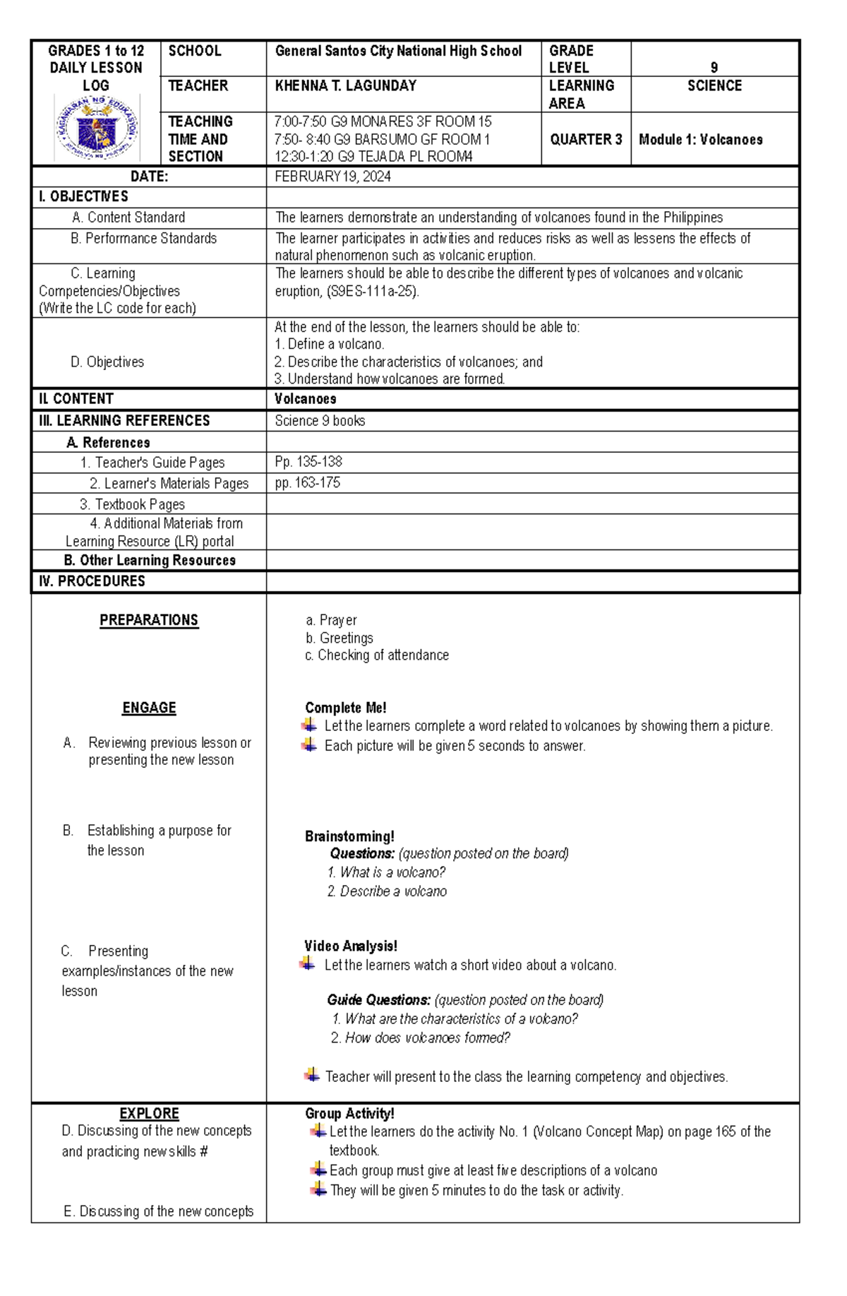 Volcanoes LP G9 SY2023-2024 (DAY 1) - GRADES 1 to 12 DAILY LESSON LOG ...