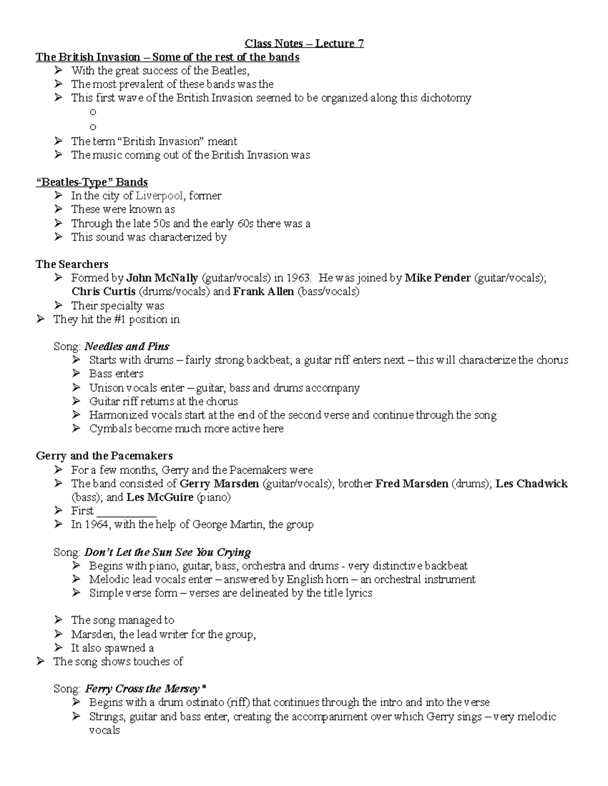 Class Notes - 7 - Class Notes – Lecture 7 The British Invasion – Some ...