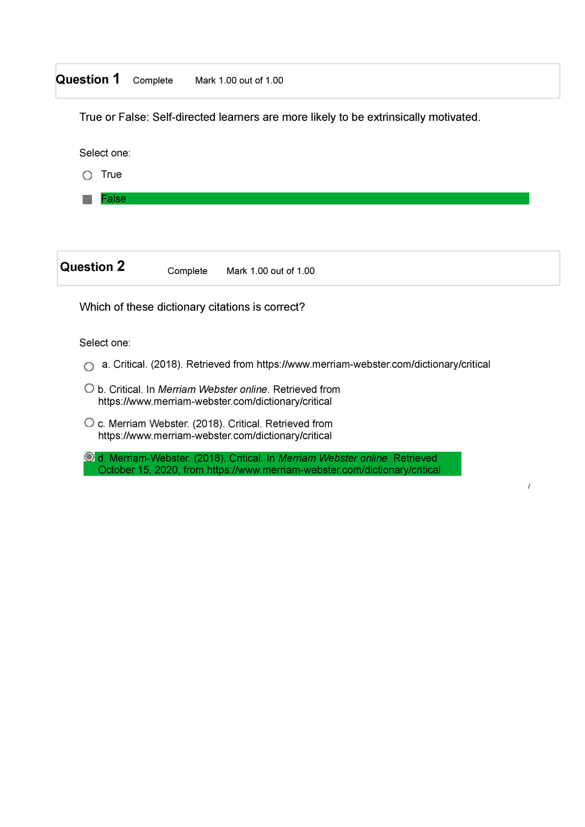 UNIV1001-Graded Quiz Unit 6 - True Or False: Self-directed Learners Are ...