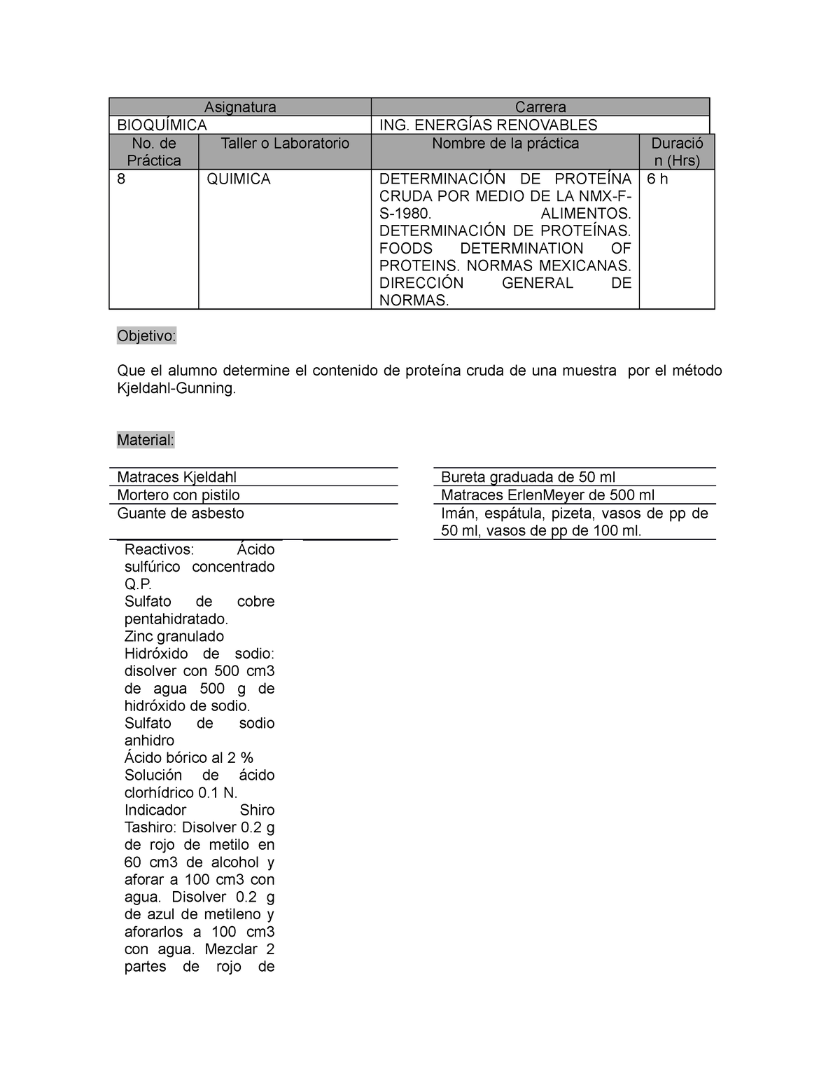 Determinacion De Proteina - Asignatura Carrera BIOQUÍMICA ING. ENERGÍAS ...