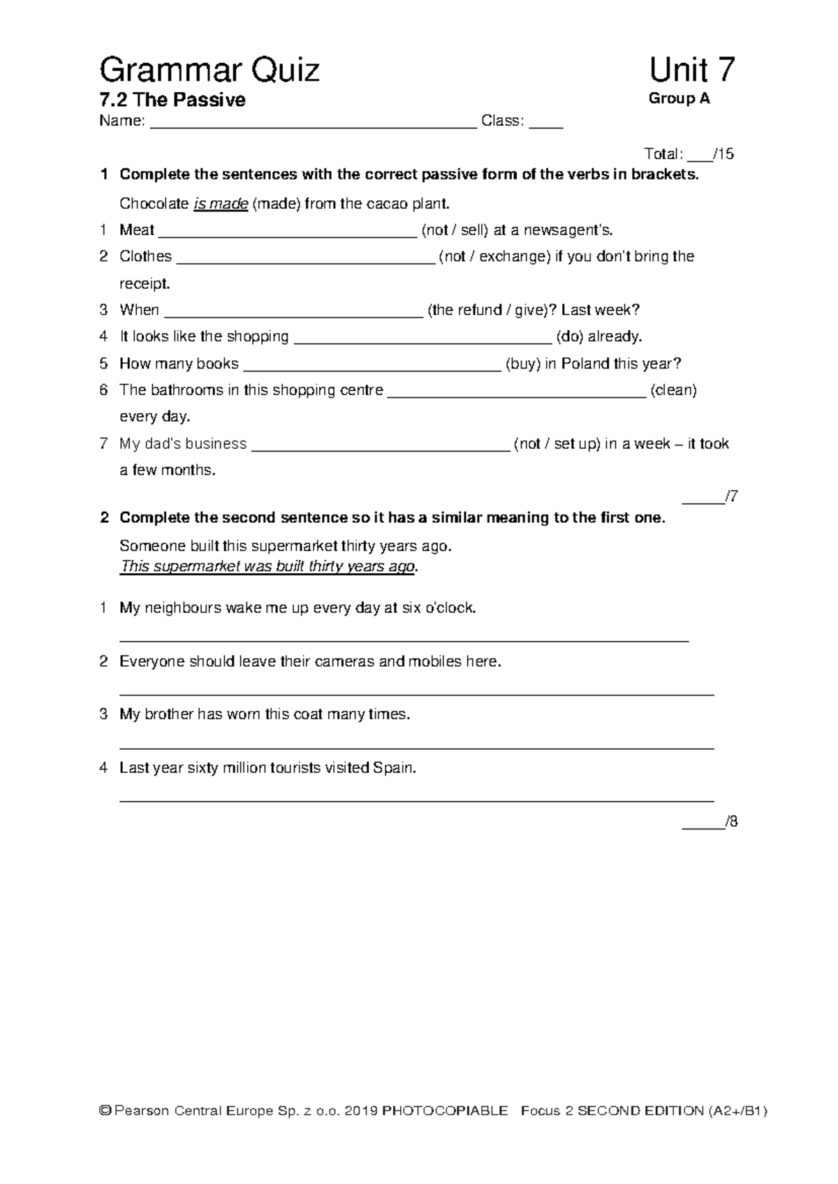 Focus 2 2ed Grammar Quiz Unit7.2 Group A - Grammar Quiz Unit 7 7 .2 The ...