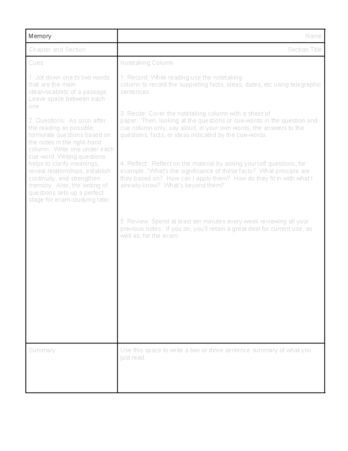 - Cornell Notes Template - Memory Name Chapter And Section Section 