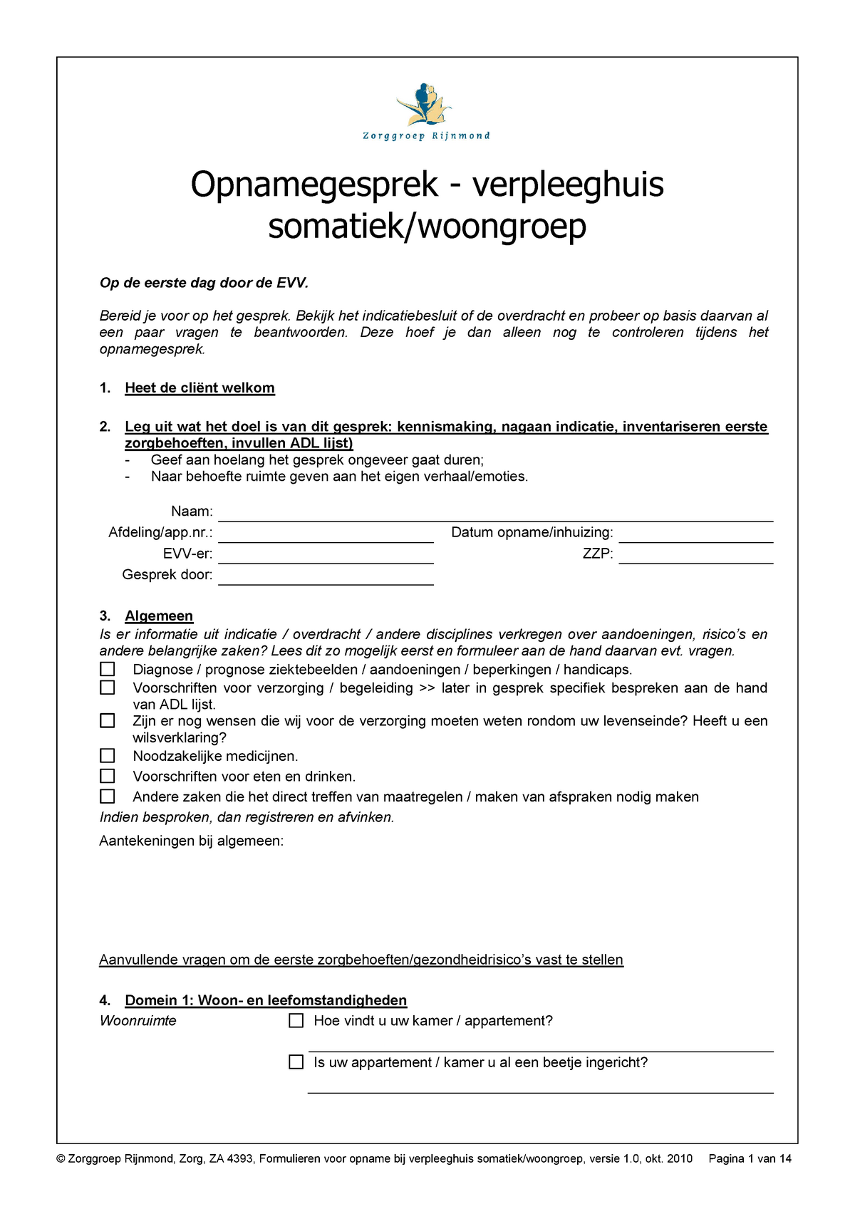 548 Formulier Opnamegesprek Verpleeghuis Somatiek Opnamegesprek