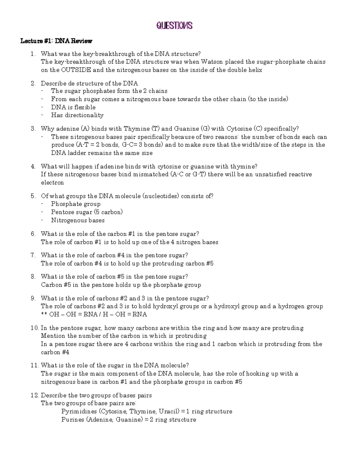 Genetics Ex1 Questions review - Lecture # 1 : DNA Review 1. What was ...