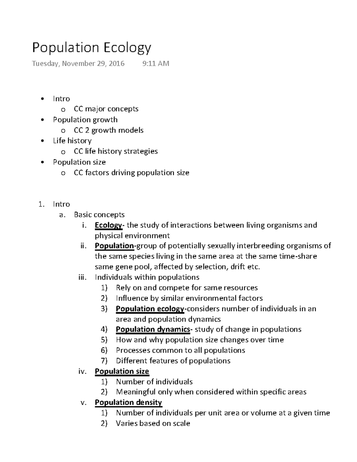 Population Ecology - Lecture notes 20 - Population Ecology Tuesday ...