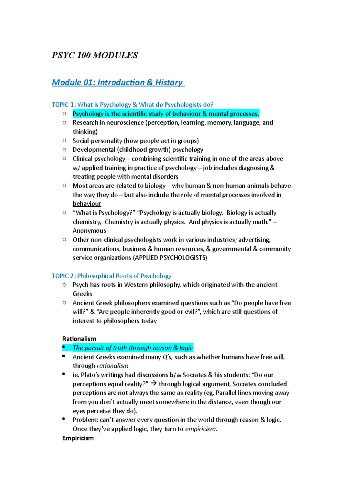 Psyc100 Module 1 - PSYC 100 MODULES Module 01: Introduction History ...