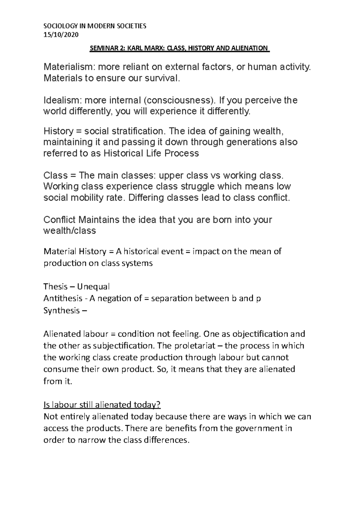 SOMS - Seminar 2 - KARL MARX: CLASS, CONFLICT AND ALIENATION ...