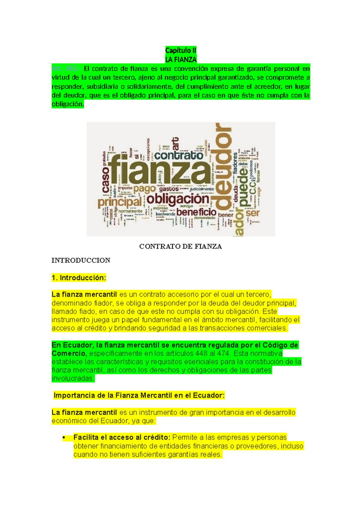 Contrato De Fianza - APUNTE - Capítulo II LA FIANZA Art. 662.- El ...