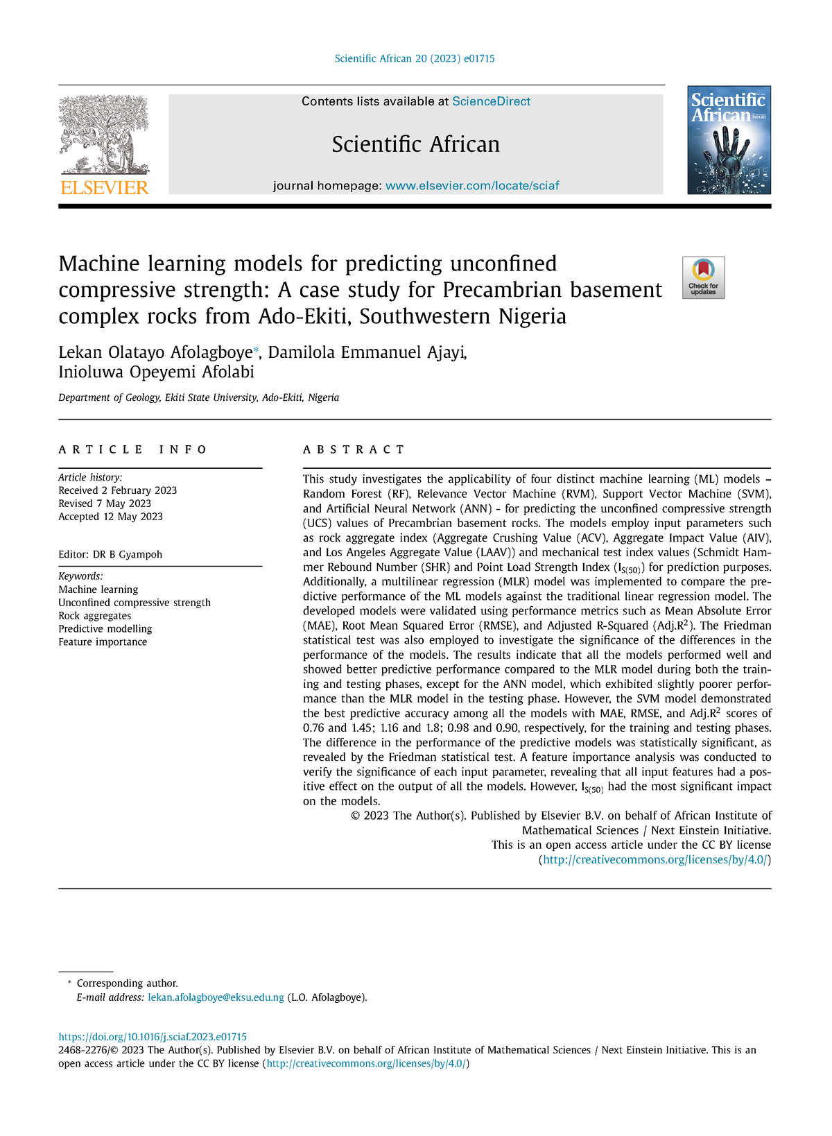 Machine Learning - Scientific African 20 (2023) e Contents lists ...