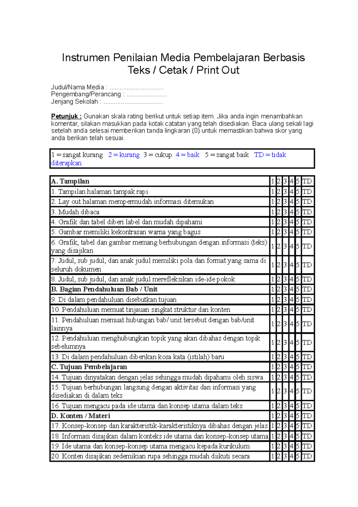 Instrumen Penilaian Media Pembelajaran Berbasis Teks Cetak Print Out ...