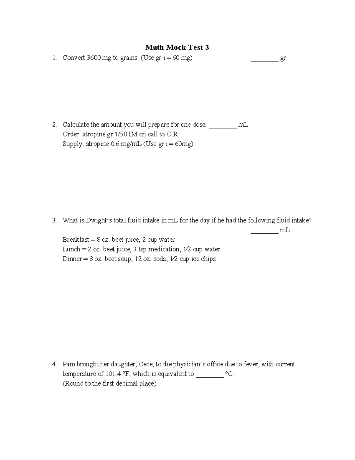 Math Mock 3 1 1 - Math mock - Math Mock Test 3 Convert 3600 mg to ...