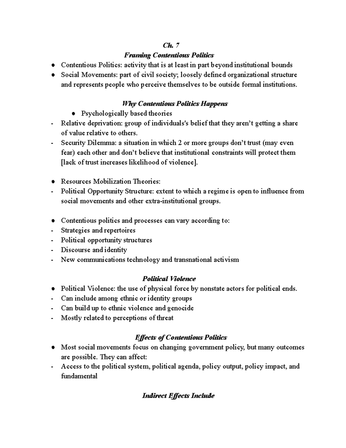 POLS 202 Ch 7 Notes - Ch. 7 Framing Contentious Politics Contentious ...