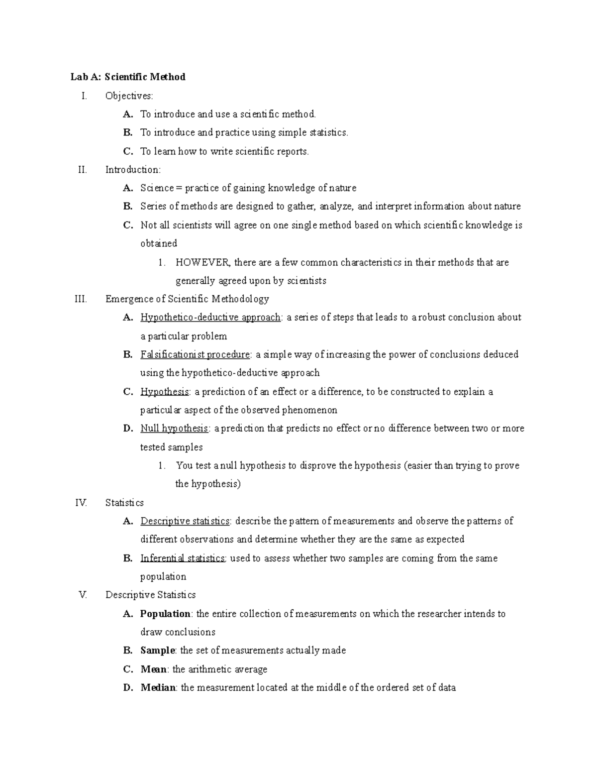 LS23L Final Study Guide S19 - Lab A: Scientific Method I. Objectives: A ...