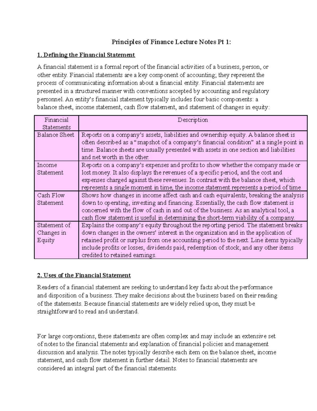 Principles of Finance Lecture Notes Pt 1 - Defining the Financial ...