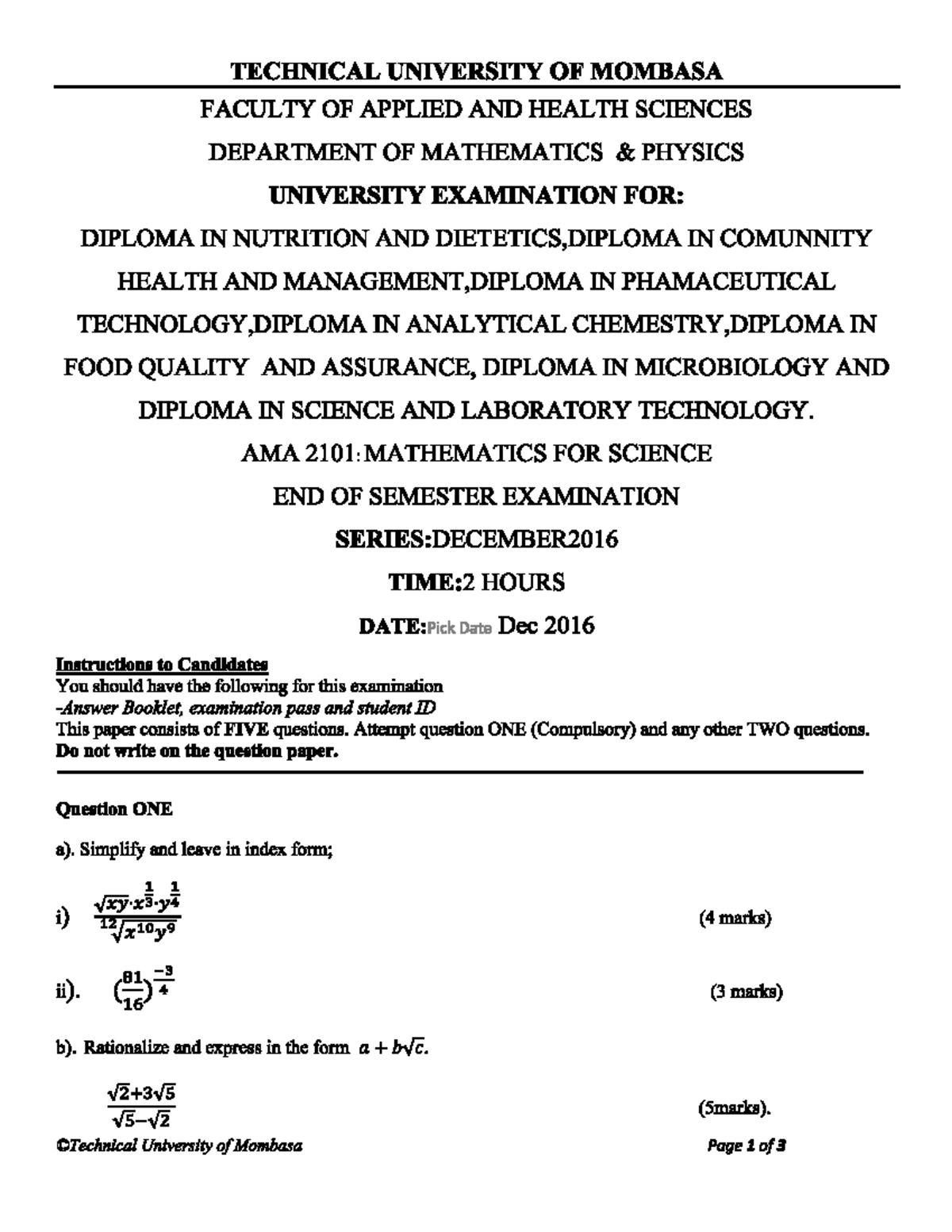 Maths FOR Science DSLT - Sample Practice Materials Of Different Courses ...