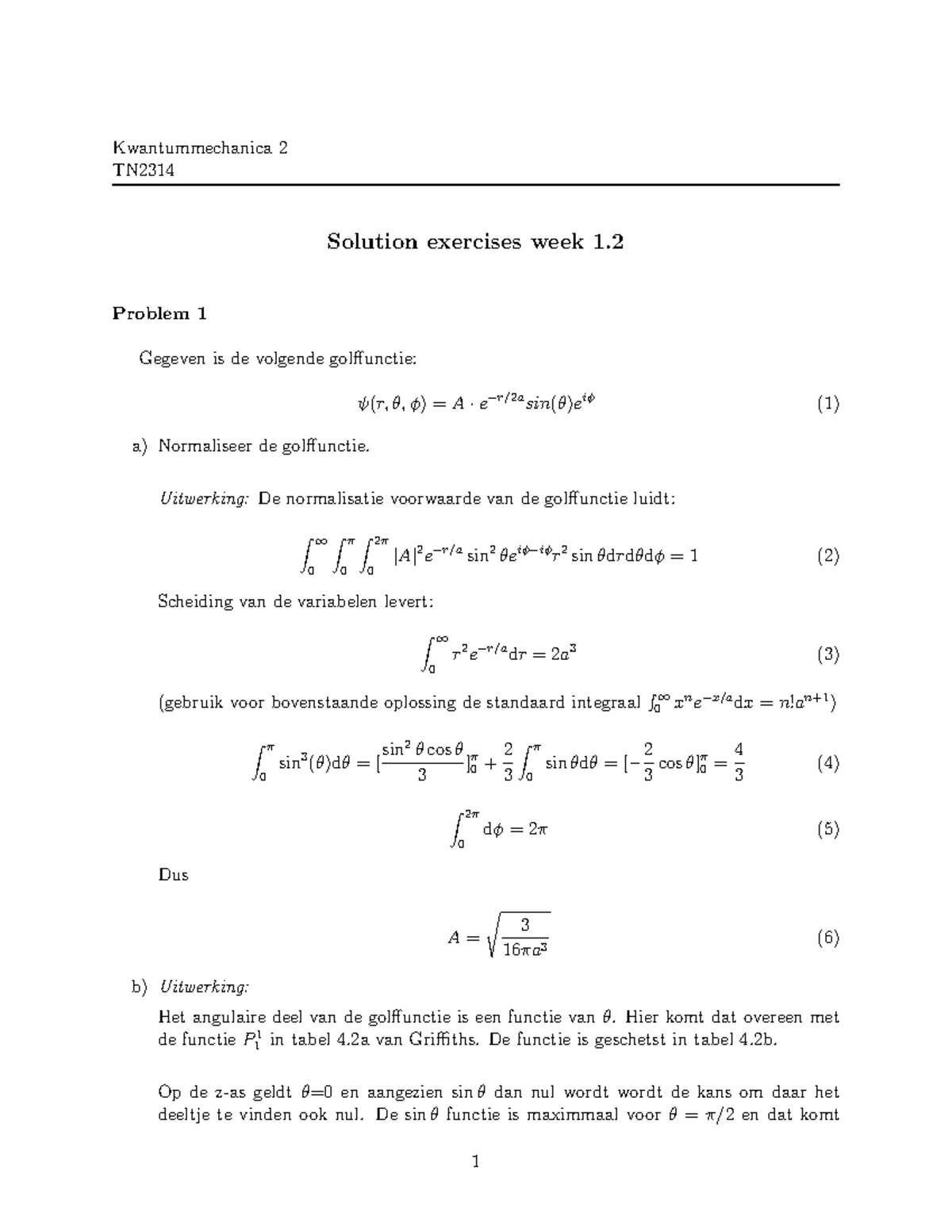 Exercises Week1.2 Solution - Kwantummechanica 2 TN2314 Solution ...