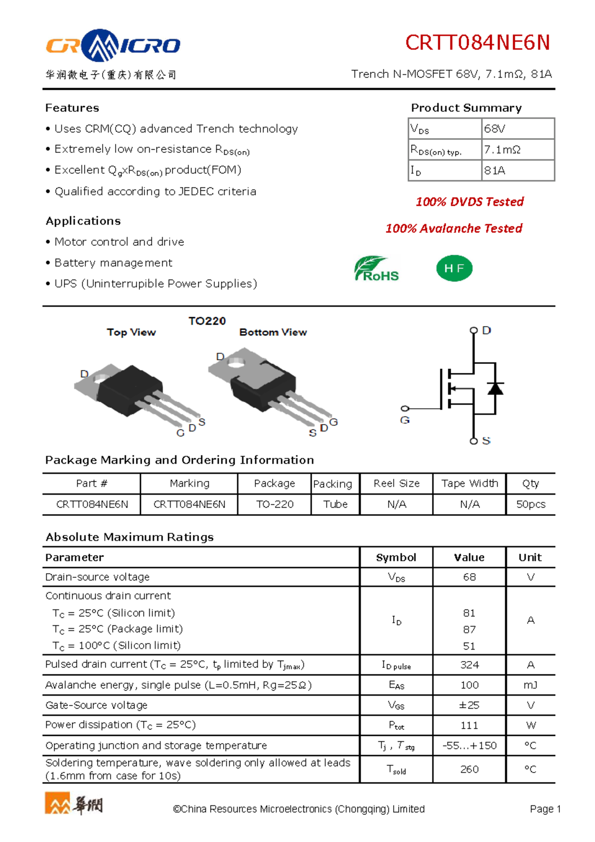 CRTT084NE6N - Experiments - 华润微电子(重庆)有限公司 Trench N-MOSFET 68V, 7Ω, 81A
