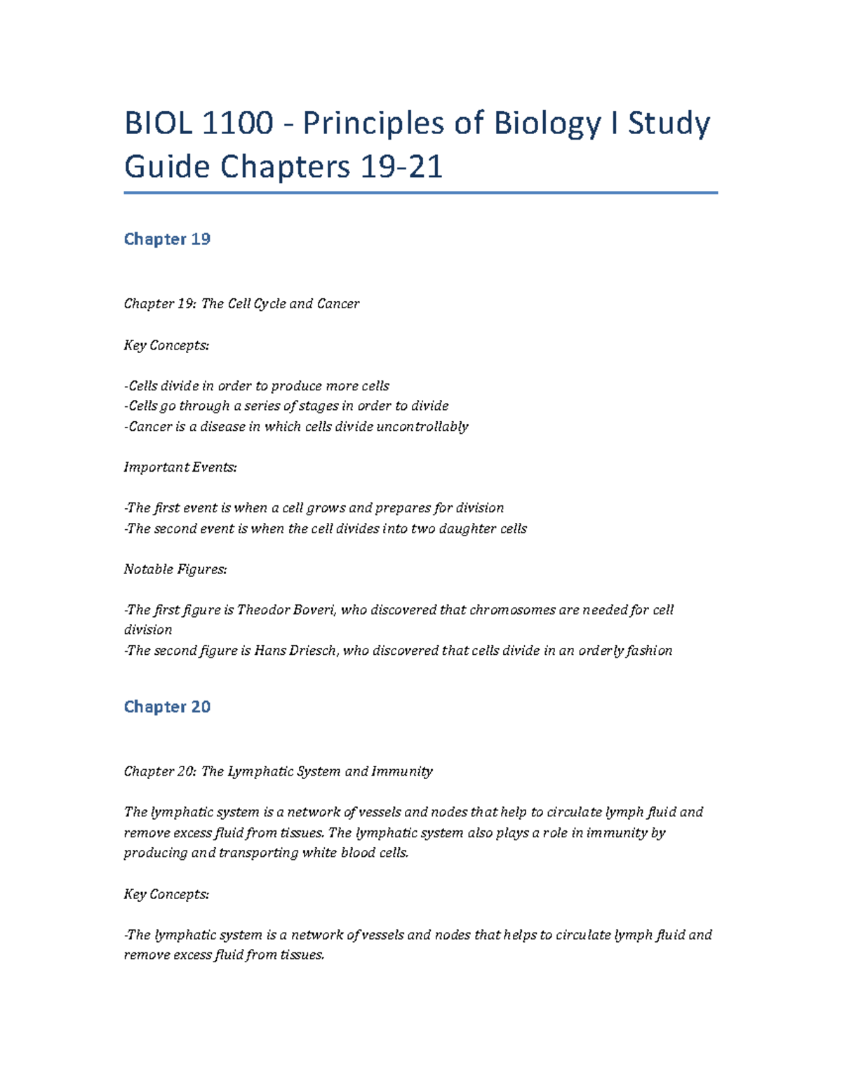 BIOL 1100 - Principles Of Biology I Study Guide Chapters 19-21 - The ...