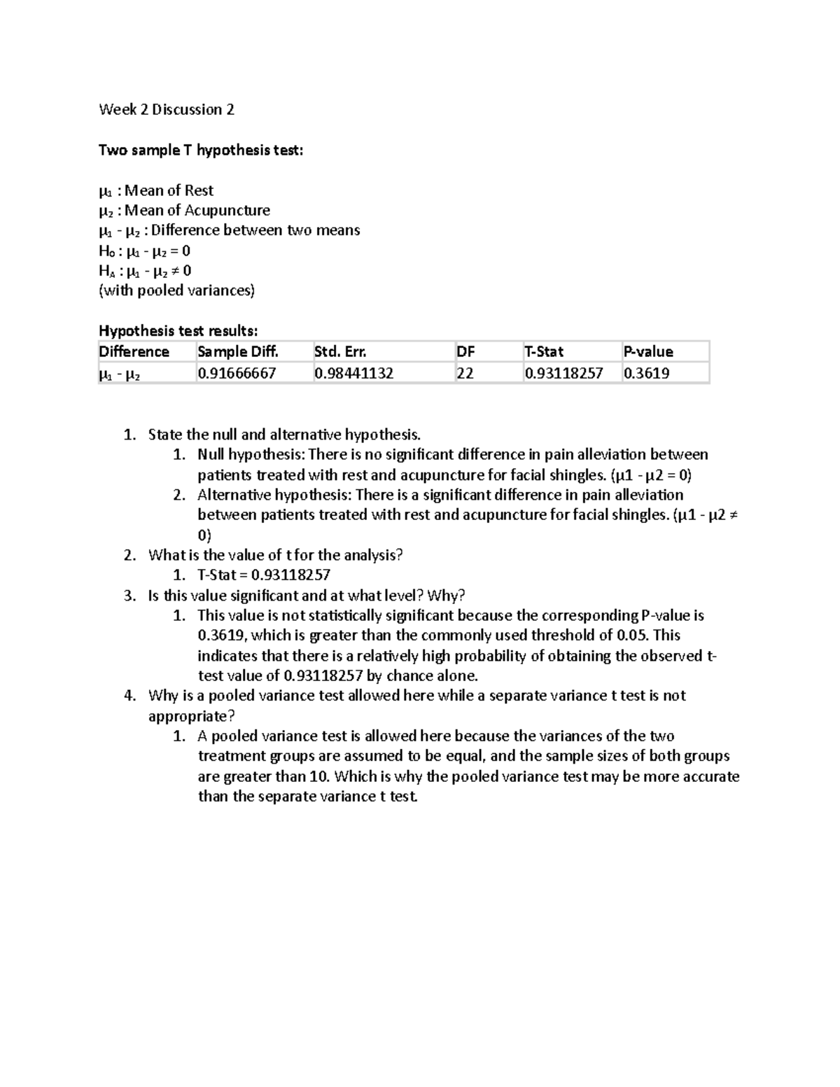 Week 2 Discussion 2 - Week 2 Discussion 2 Two sample T hypothesis test ...