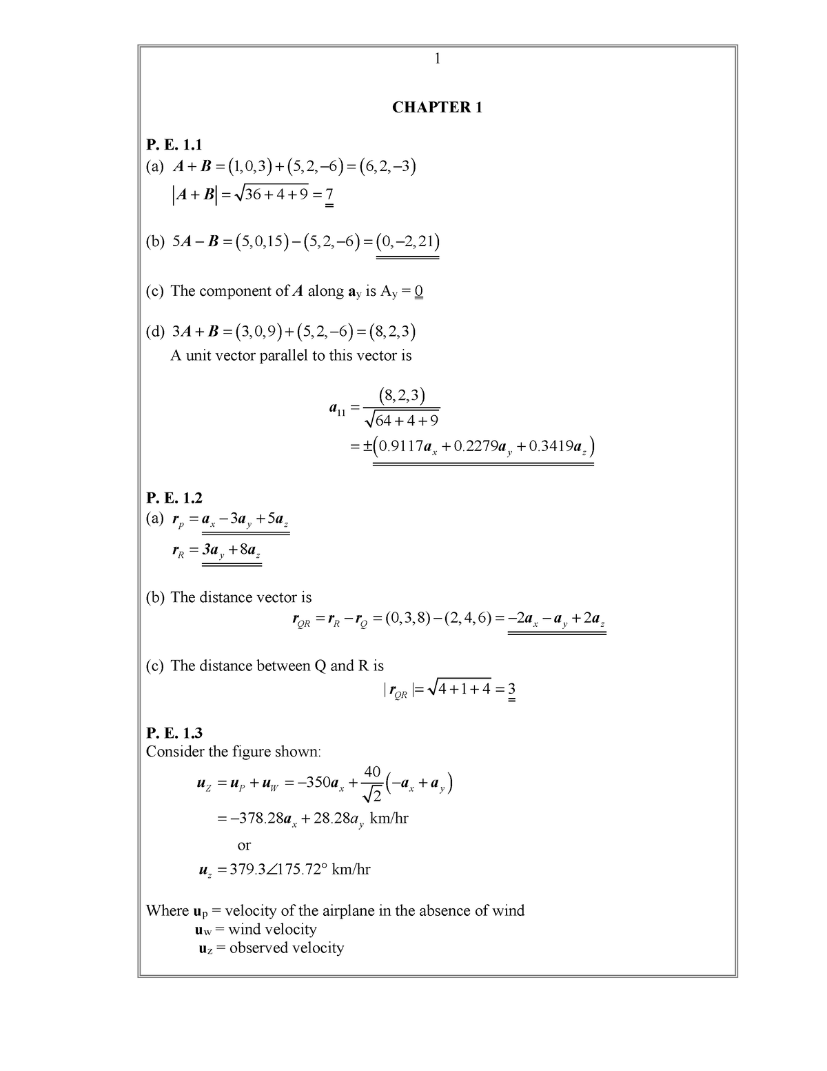 Sadiku 7XE Solutions Manual Ch01 - CHAPTER 1 P. E. 1. (a) A + B= (1,0,3 ...