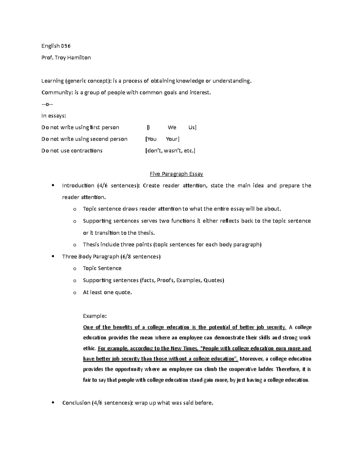 English 096 Notes - essay format and the parts of speech - English 096 ...