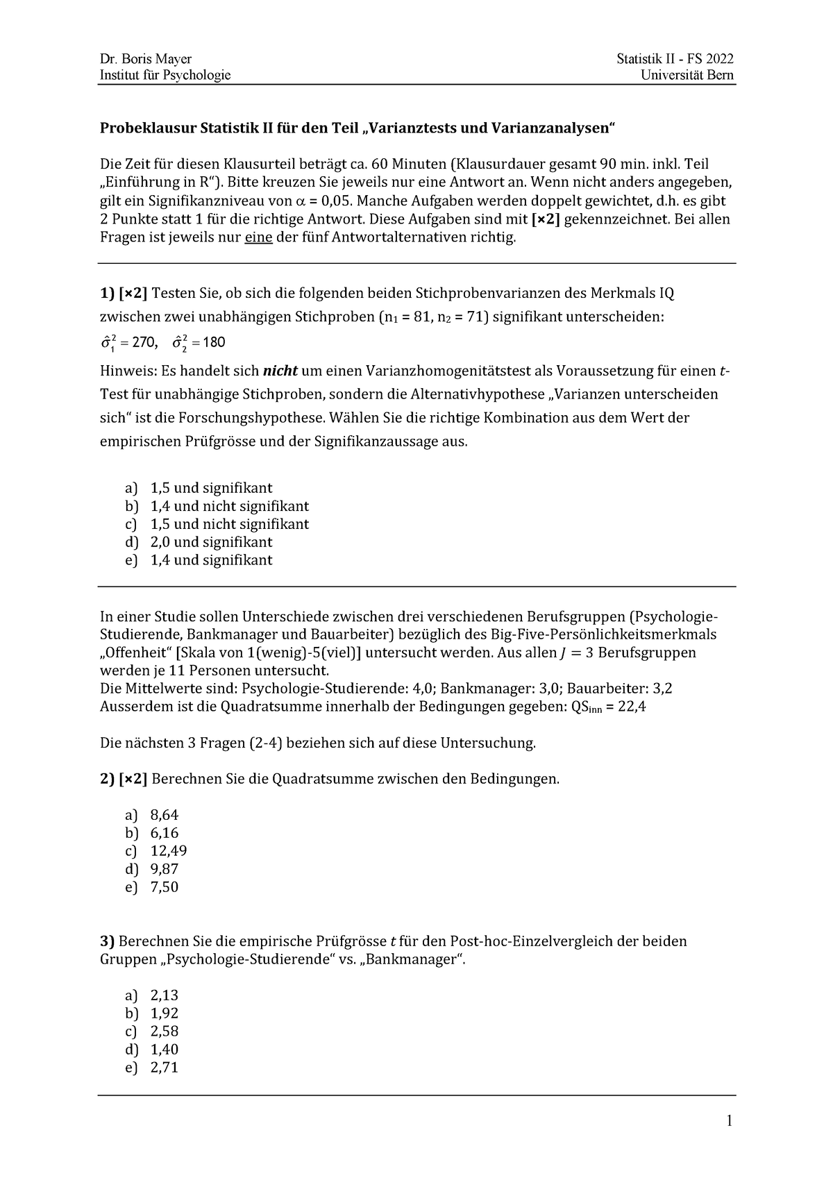 Probeklausur Statistik II FS22 Anovas - Institut Für Psychologie ...