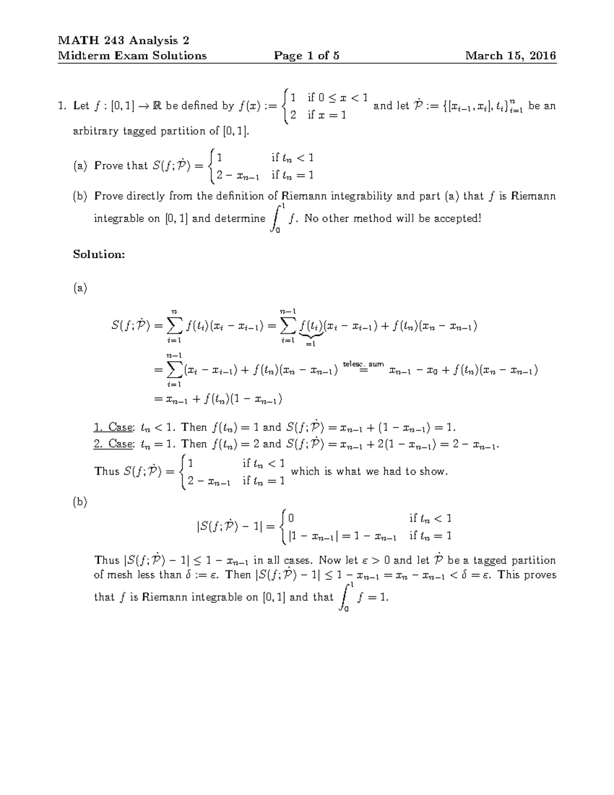 Exam 2016, questions - Analysis 2 - Midterm Exam Solutions Page 1 of 5 ...