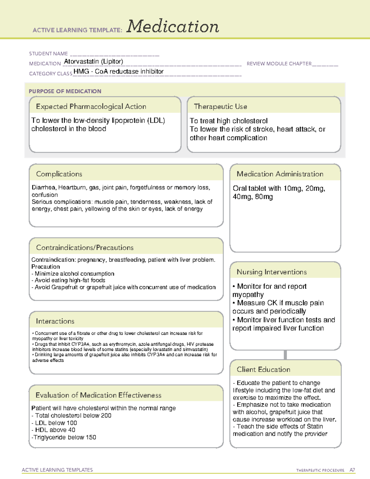 Atorvastatin atovastatin ACTIVE LEARNING TEMPLATES THERAPEUTIC