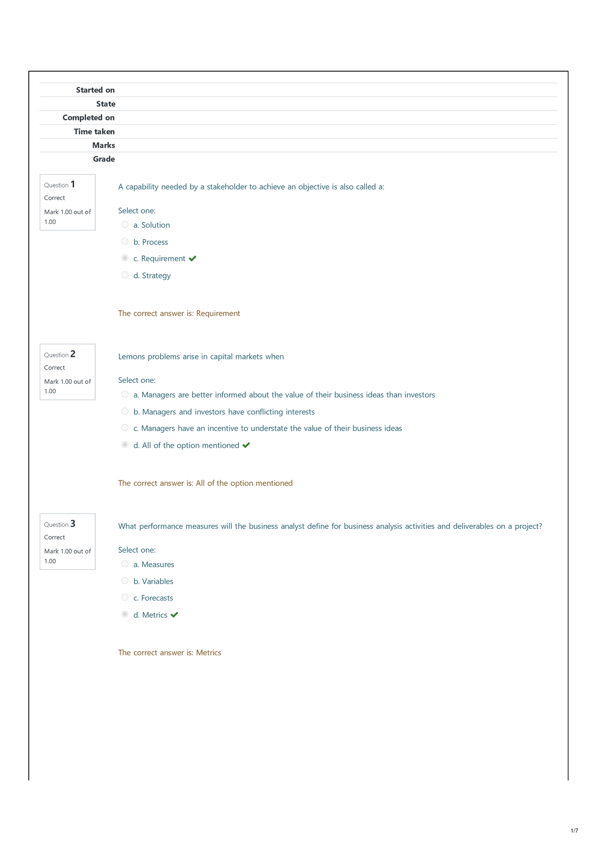 Business Analysis 621 - Assignment 1 MCQs - Started on State Completed ...