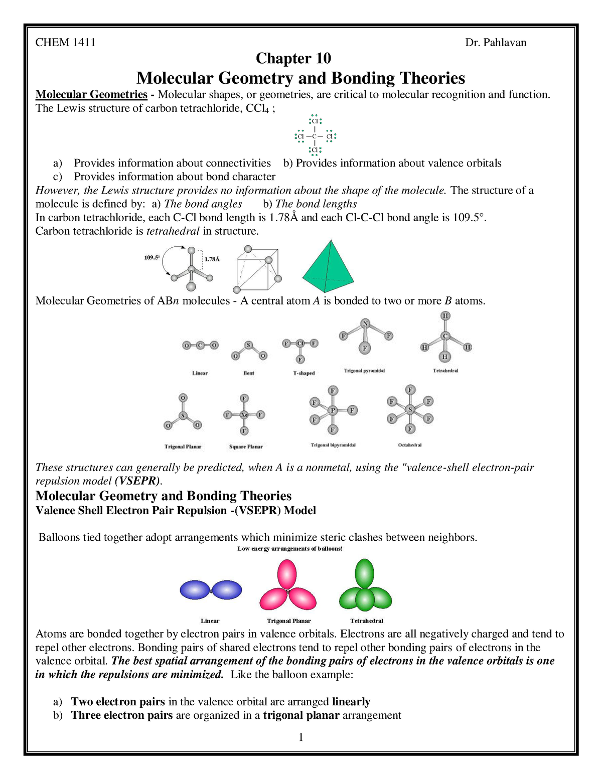 MOLECULAR GEOMETRY AND CHEMICAL BONDING THEORY - Chapter 10 Molecular ...